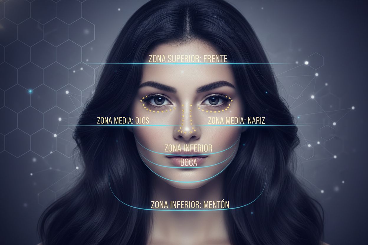 Análisis facial morfopsicológico con zonas del rostro marcadas
